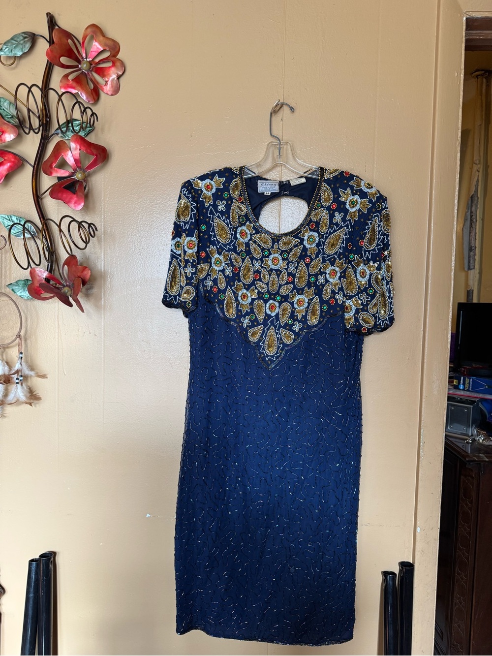 Stenay Navy Midi Dress with Gold and Multicolor Beaded Yoke